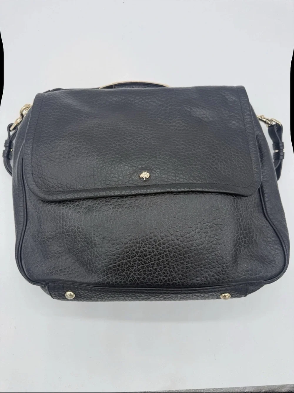 Mulberry Black Pebbled Leather Messenger Bag with Gold Accents